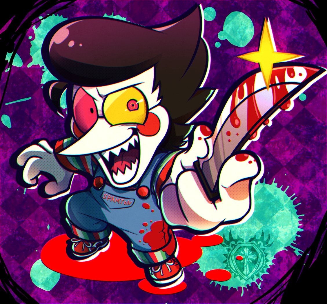 1boy, black_hair, blood, blue_pants, child's_play, chucky, chucky_(cosplay), crossover