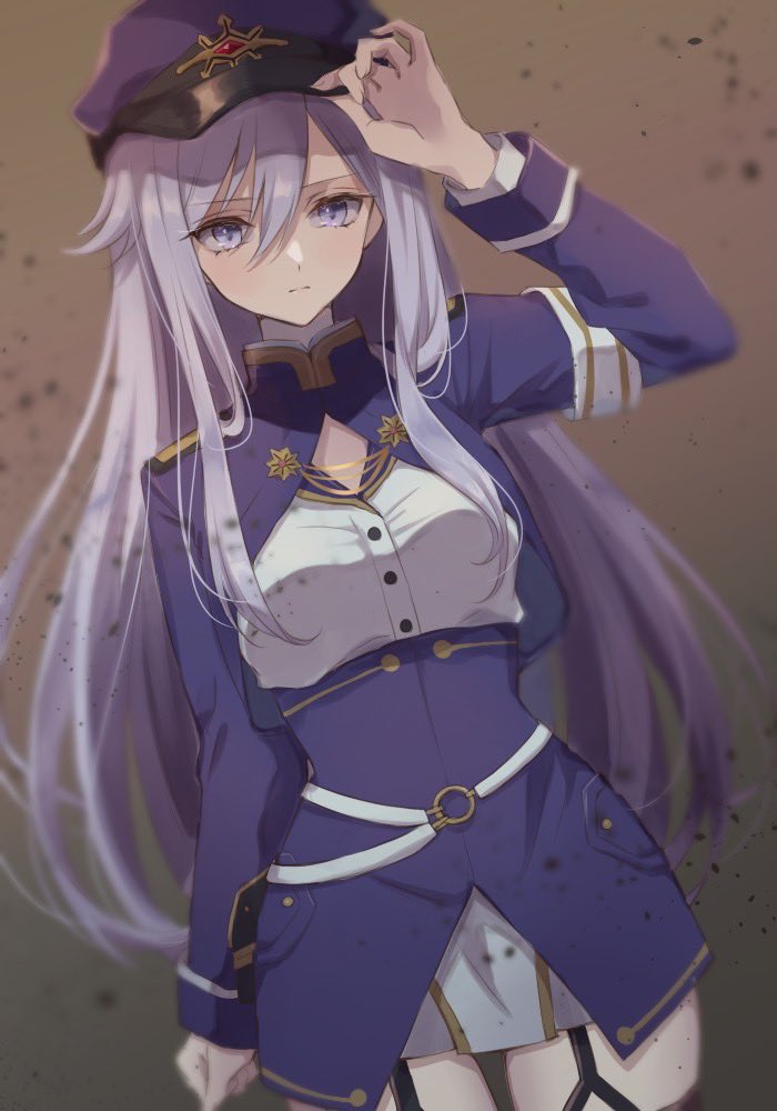 1girl, 86_-eightysix-, belt, blue_jacket, cowboy_shot, cropped_jacket, garter_straps, hand_on_headwear
