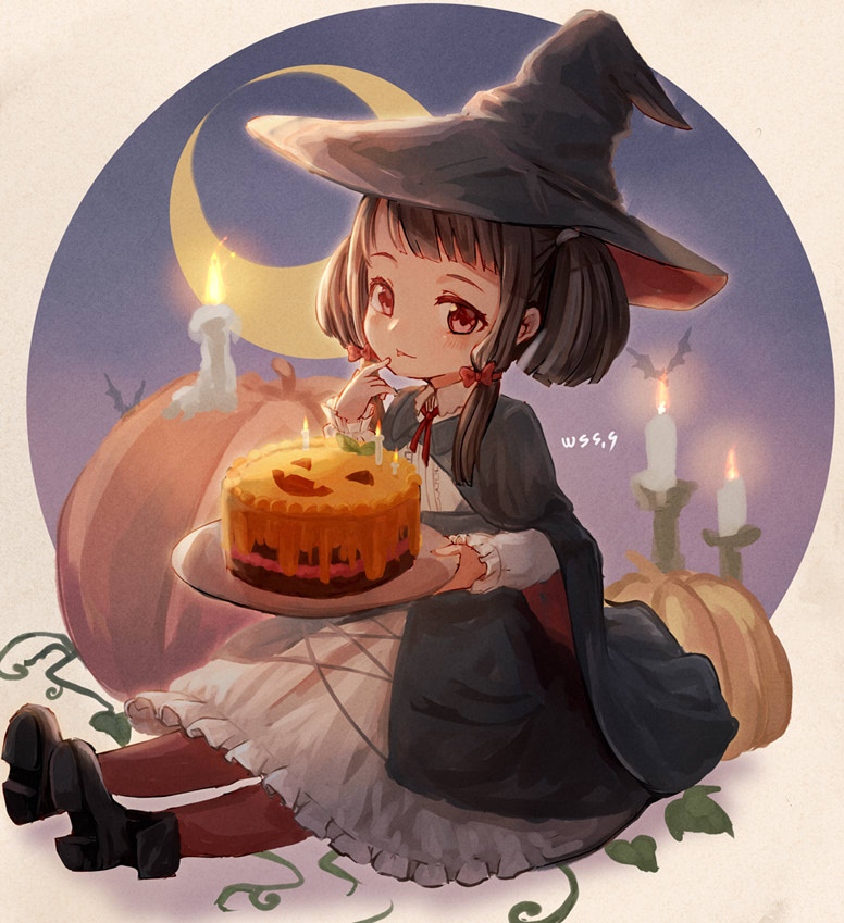 1girl, artist_name, black_cape, black_footwear, black_hair, black_headwear, blush, brown_eyes