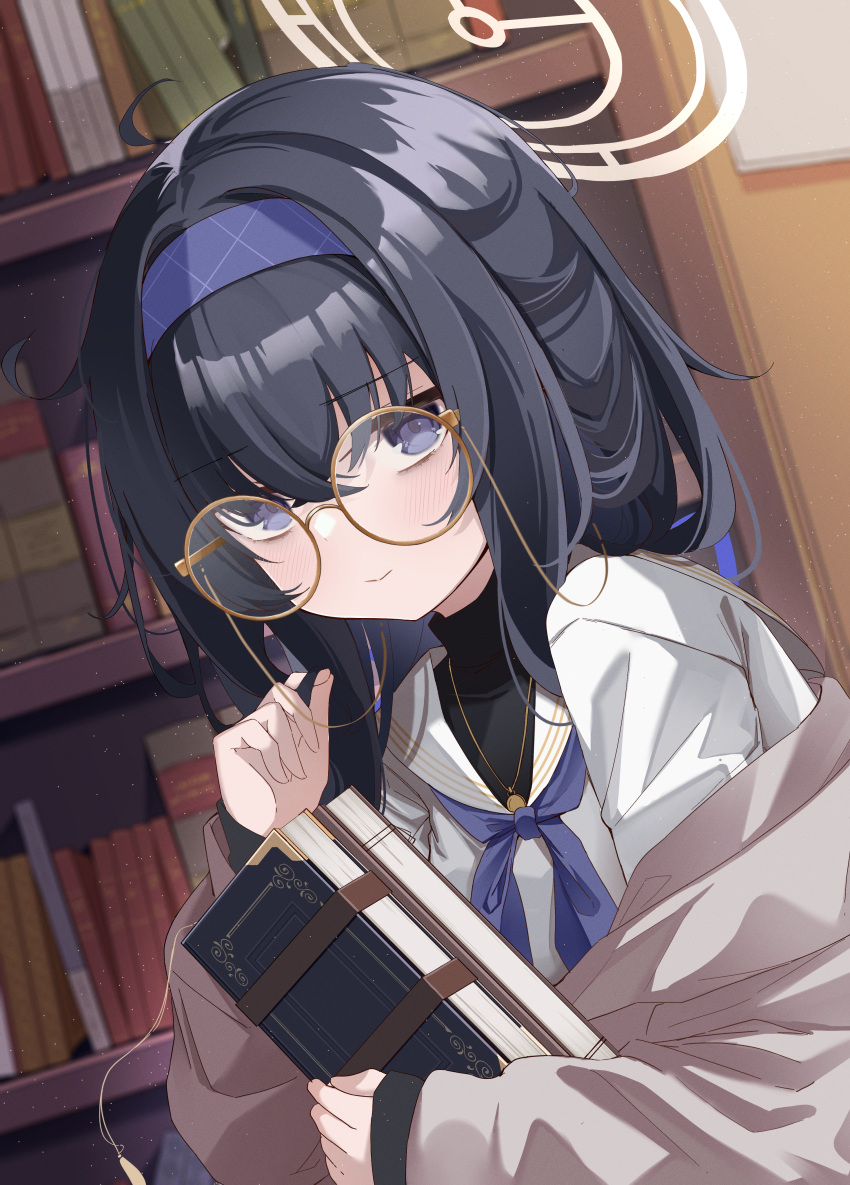 absurdres, adjusting_eyewear, black_hair, blue_archive, blush, book, bookshelf, commentary
