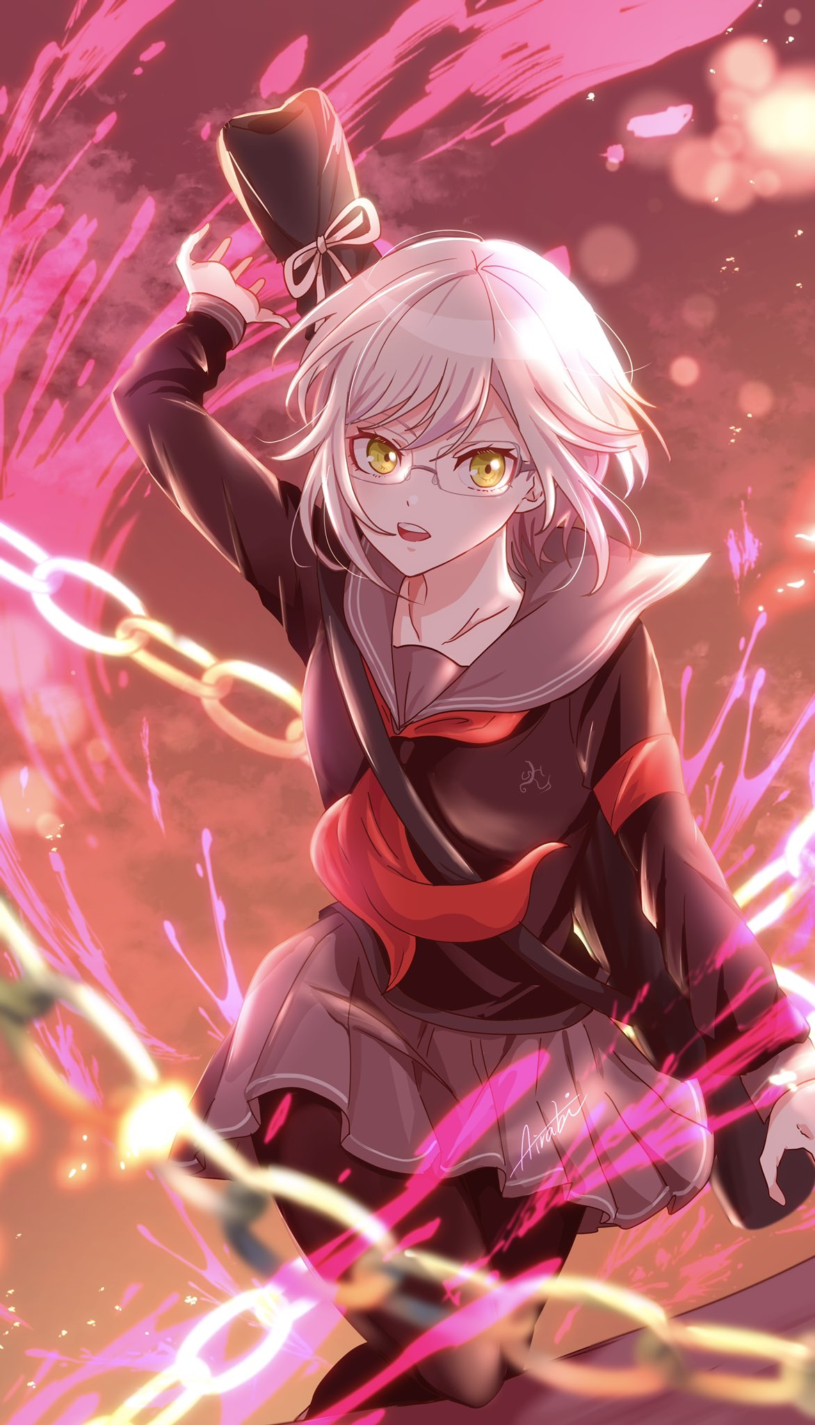 1girl, airabi, alternate_hair_length, alternate_hairstyle, arm_up, bangs, black_pantyhose, black_shirt, chain, collarbone, commentary_request, danganronpa_(series), danganronpa_2:_goodbye_despair, glasses, grey_sailor_collar, grey_skirt, highres, long_sleeves, miniskirt, multicolored_background, neckerchief, open_mouth, pantyhose, pekoyama_peko, pleated_skirt, red_armband, red_neckerchief, sailor_collar, shiny, shiny_hair, shirt, short_hair, signature, skirt, solo, teeth, upper_teeth, yellow_eyes