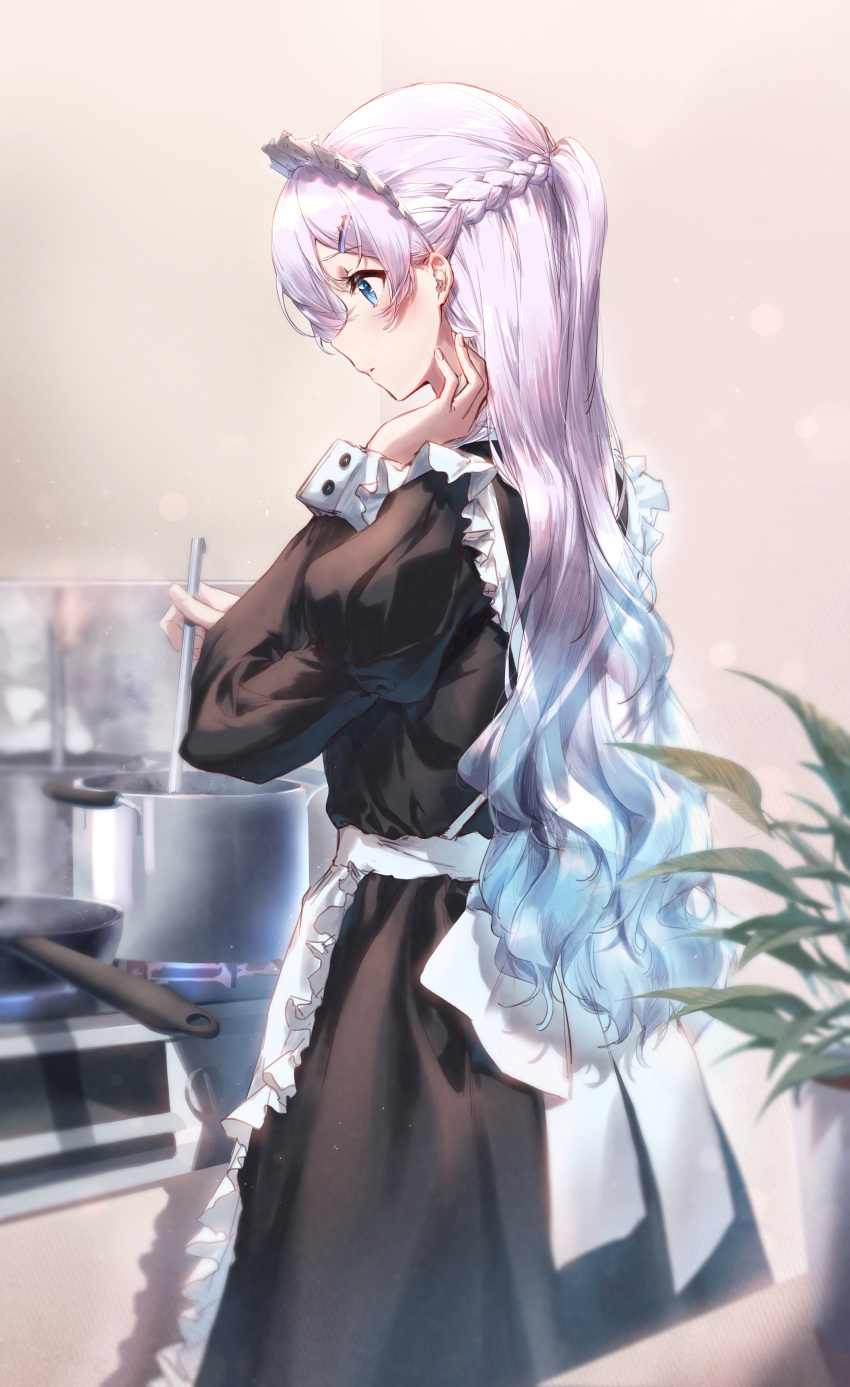 1girl, absurdres, apron, black_dress, blue_eyes, blue_hair, blush, braid