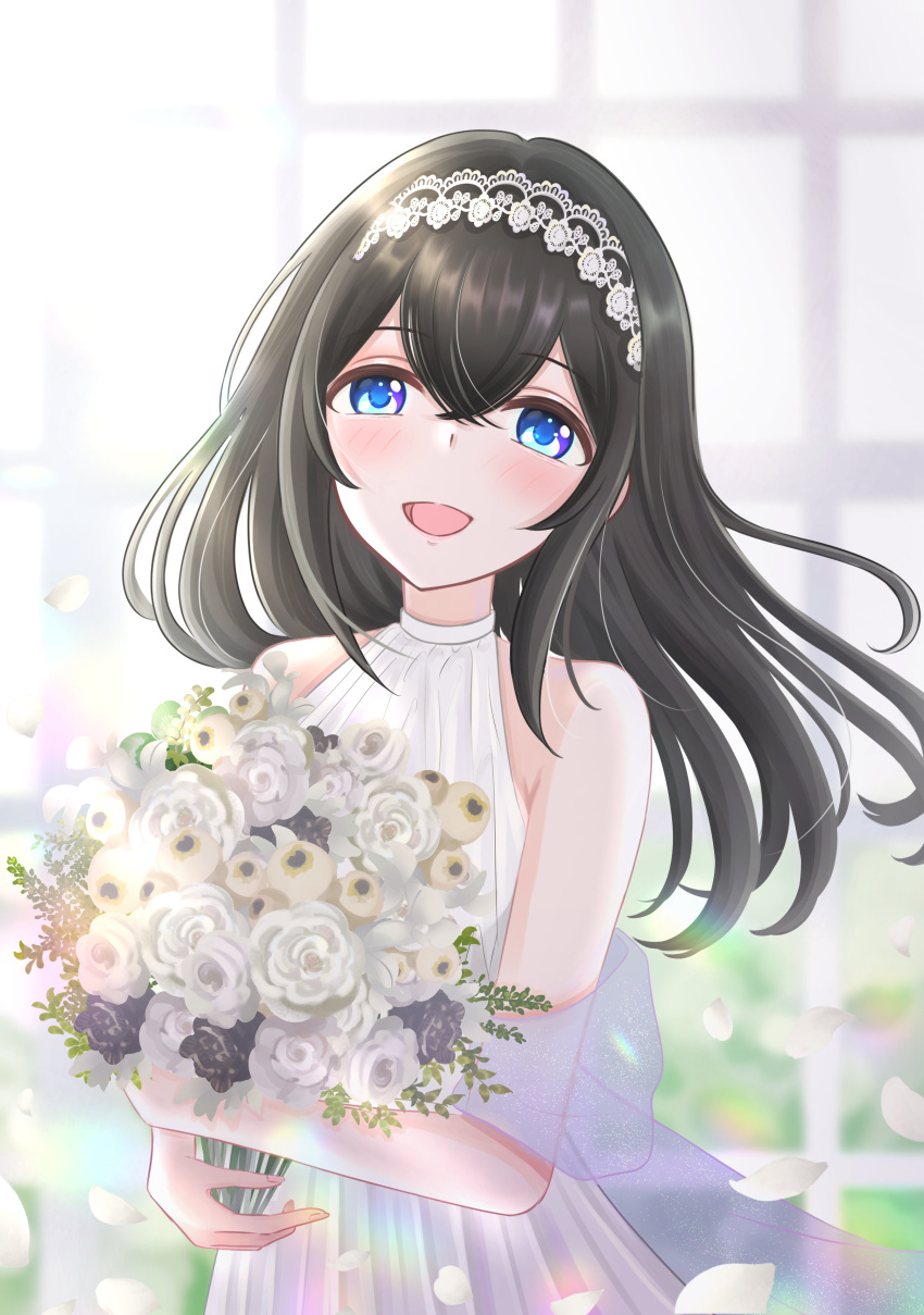 1girl, absurdres, bare_arms, bare_shoulders, black_hair, blue_eyes, blush, bouquet, commentary, dress, facing_viewer, flower, hair_between_eyes, hairband, hanilz, highres, holding, holding_bouquet, idolmaster, idolmaster_cinderella_girls, long_hair, open_mouth, sagisawa_fumika, sleeveless, sleeveless_dress, smile, solo, white_dress, white_flower, white_hairband