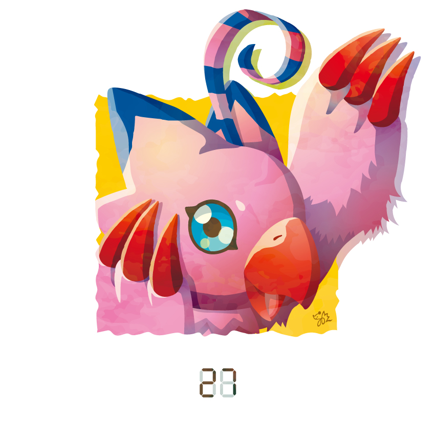 ahoge, arm_up, blue_sclera, claws, colored_sclera, digimon, no_humans, numbered, piyomon, white_background, yam_retsu, yellow_background
