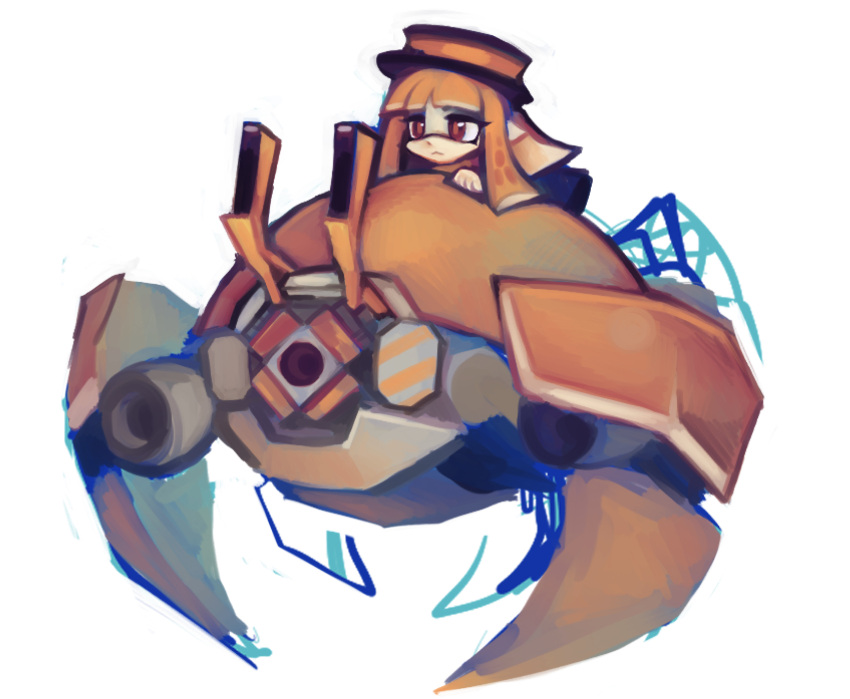 1girl, :<, aliasing, bangs, black_headwear, blunt_bangs, boater_hat, closed_mouth, commentary, crab_tank_(splatoon), english_commentary, expressionless, gao_(kohozuna), half-closed_eyes, highres, hime_cut, inkling, inkling_girl, long_hair, orange_hair, pointy_ears, red_eyes, riding, sidelocks, simple_background, sketch, solo, splatoon_(series), white_background
