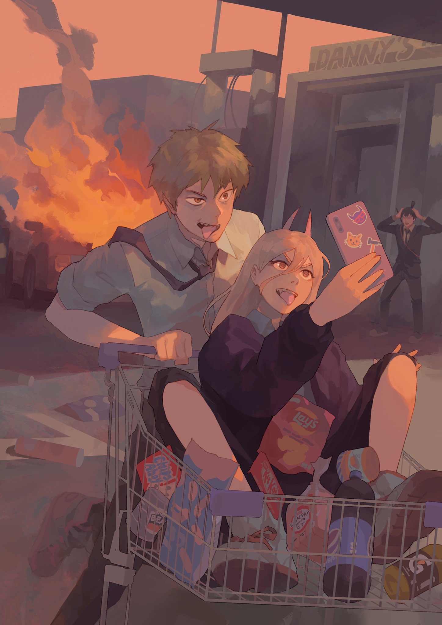 1girl, 2boys, bangs, beans, black_hair, black_necktie, blonde_hair, burning