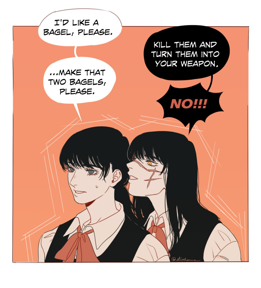 2girls, black_hair, blue_eyes, chainsaw_man, english_text, highres, isahnas, long_hair