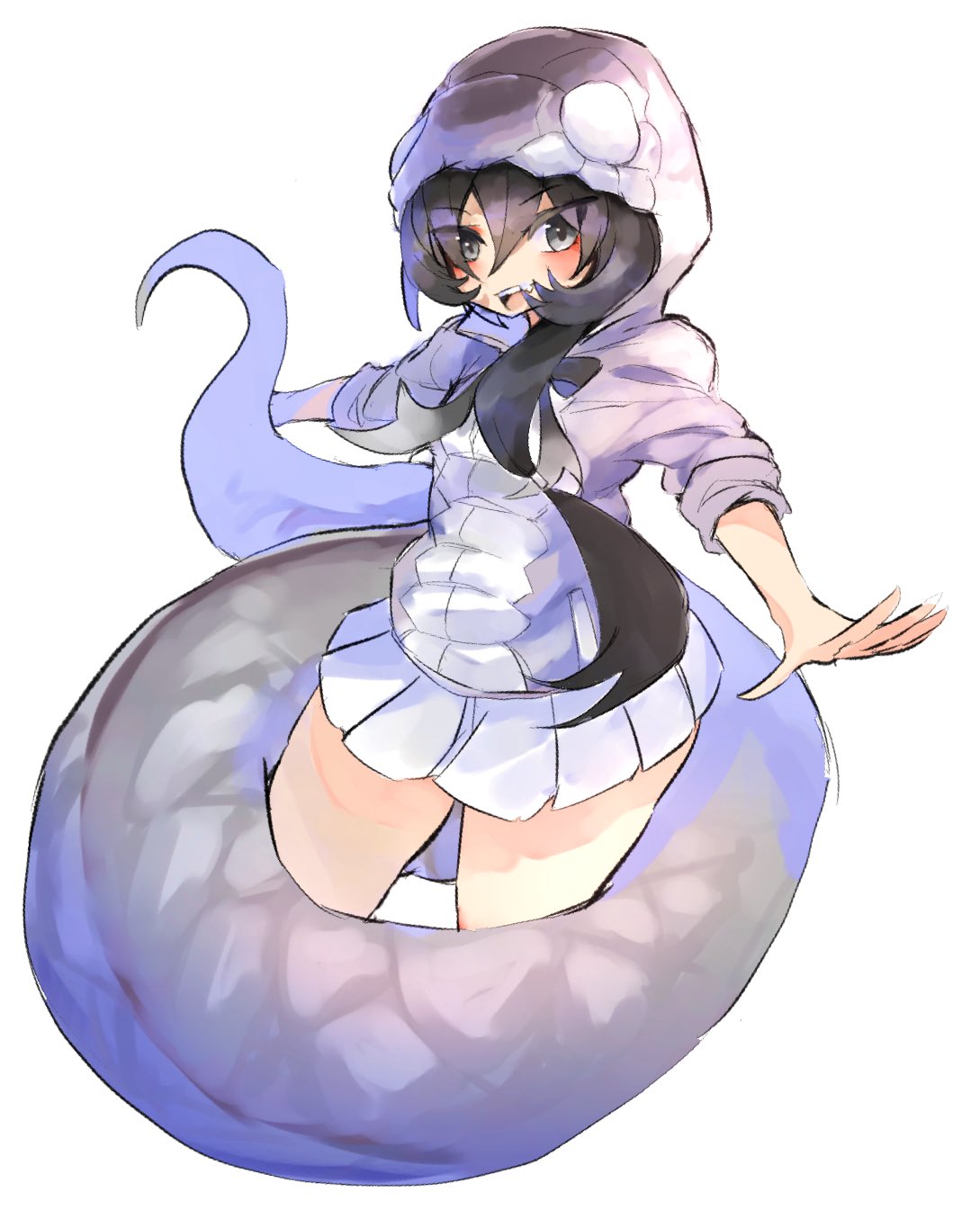 100maru, 1girl, black_hair, black_mamba_(kemono_friends), blush, grey_eyes, grey_hoodie, highres