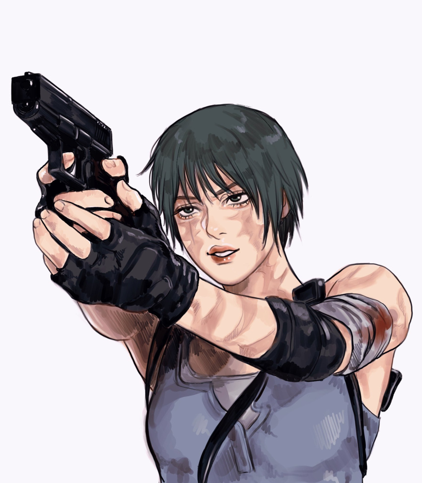 1girl, black_hair, blood, breasts, burn_scar, closed_mouth, cosplay, gloves, gun, highres, imeko_san, jill_valentine, jill_valentine_(cosplay), jujutsu_kaisen, looking_at_viewer, resident_evil, resident_evil_3, resident_evil_3_(remake), scar, shirt, short_hair, simple_background, smile, weapon, zen'in_maki