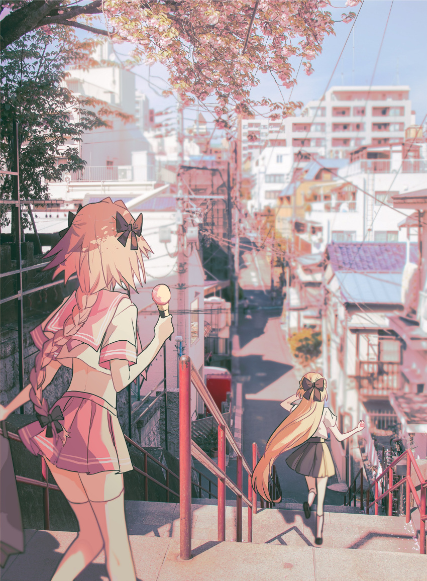 1boy, 1girl, absurdres, astolfo_(fate), astolfo_(sailor_paladin)_(fate), black_ribbon, blonde_hair, cityscape