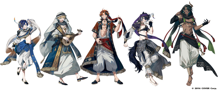5boys, :d, absurdres, animal_ears, aqua_eyes, arabian_clothes, aragami_oga, astel_leda