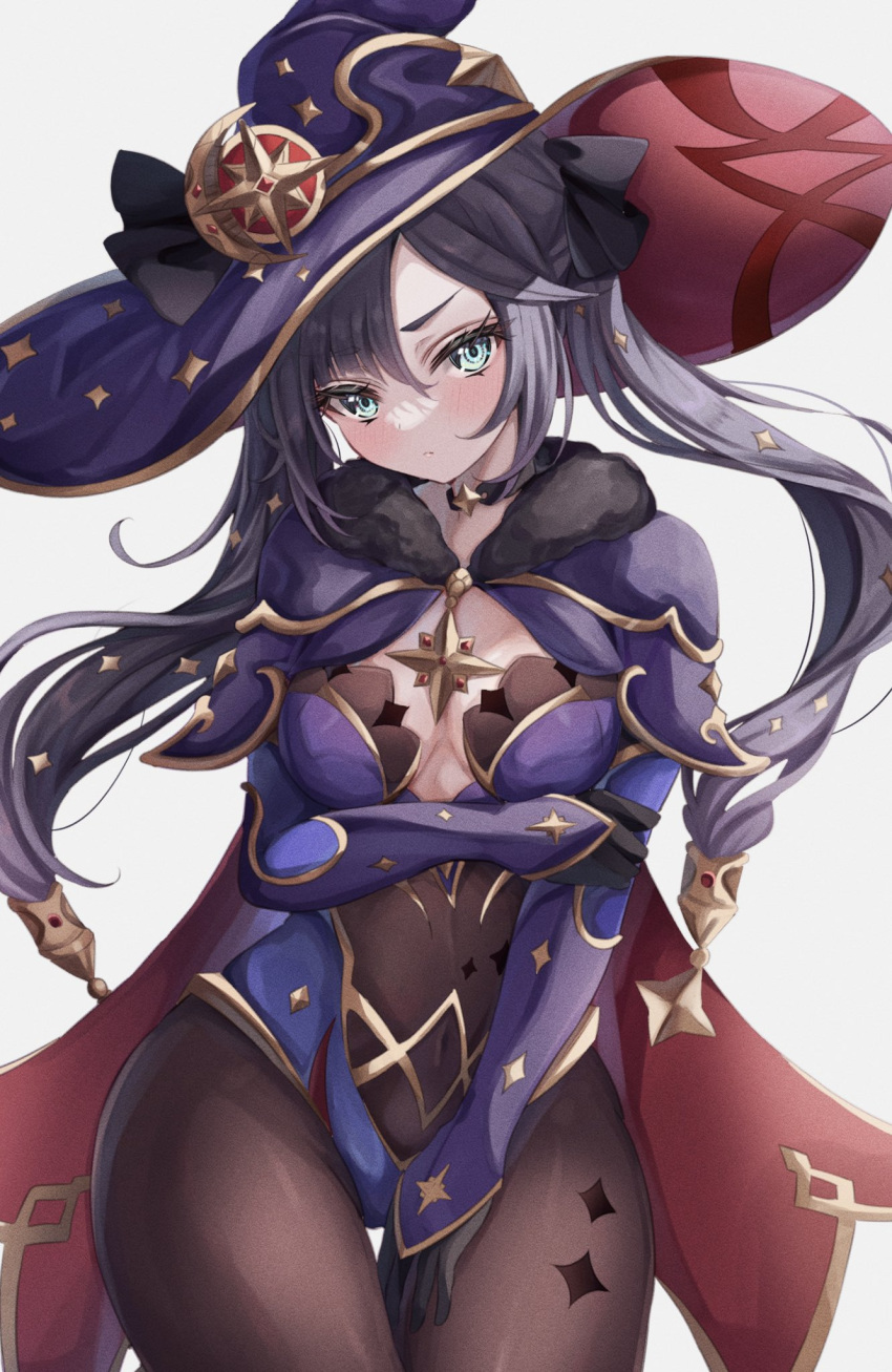 1girl, arm_armor, arm_support, bangs, black_choker, black_hair, black_ribbon, blue_eyes, blush, bodysuit, breasts, brown_bodysuit, capelet, choker, closed_mouth, commentary_request, crescent, crescent_hat_ornament, crystal, fur_trim, genshin_impact, gold, grey_background, hair_between_eyes, hair_ornament, hair_ribbon, hand_up, hat, hat_ornament, hat_ribbon, highres, jewelry, long_sleeves, looking_to_the_side, medium_breasts, mona_(genshin_impact), purple_bodysuit, purple_capelet, purple_hair, purple_headwear, ribbon, sa-ya2, sidelocks, simple_background, solo, standing, star_(symbol), star_hat_ornament, star_print, twintails, v-shaped_eyebrows, witch_hat