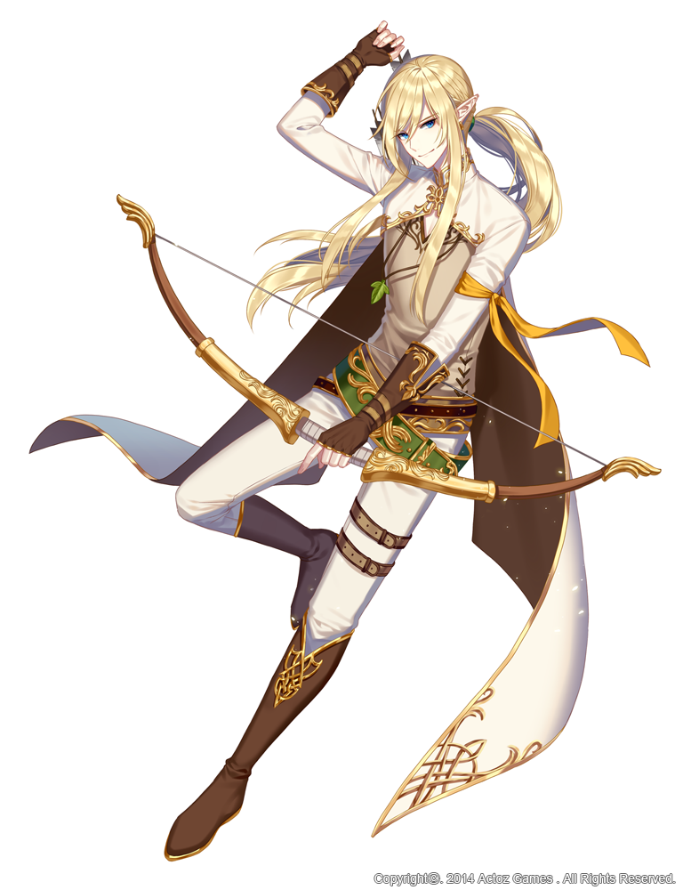 1boy, arm_ribbon, arrow_(projectile), bangs, belt, blonde_hair, blue_eyes, boots