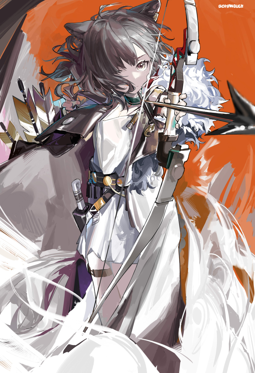 1girl, absurdres, aiming_at_viewer, animal_ears, arknights, arrow_(projectile), artist_name, bow_(weapon)