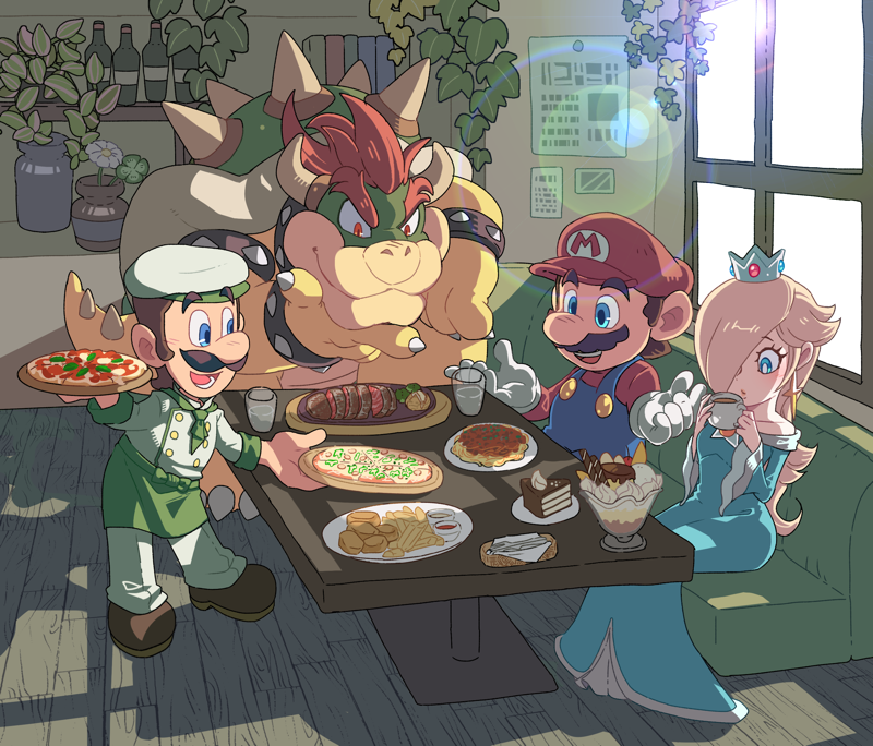 1girl, 3boys, blonde_hair, blue_eyes, bowser, bracelet, breasts, brown_hair