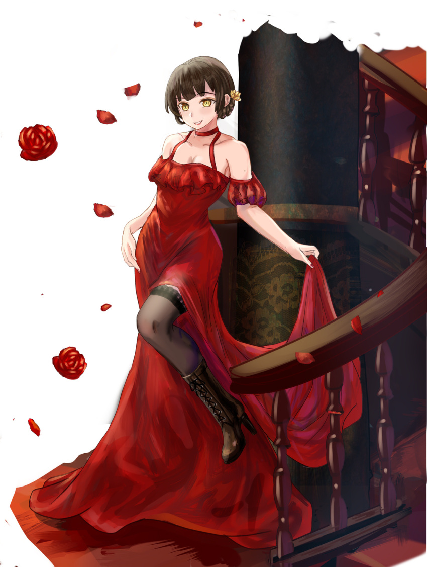 1girl, alternate_costume, black_thighhighs, boots, breasts, brown_footwear, brown_hair, cross-laced_footwear, double_bun, dress, full_body, hair_bun, high_heel_boots, high_heels, highres, kantai_collection, medium_breasts, mermaid_dress, om10, red_dress, solo, thigh-highs, un'you_(kancolle), yawata_maru_(kancolle), yellow_eyes