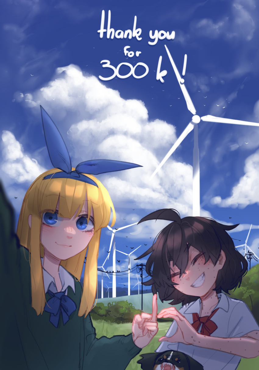 2girls, absurdres, ahoge, angry, animal, bangs, bernese_mountain_dog, black_hair