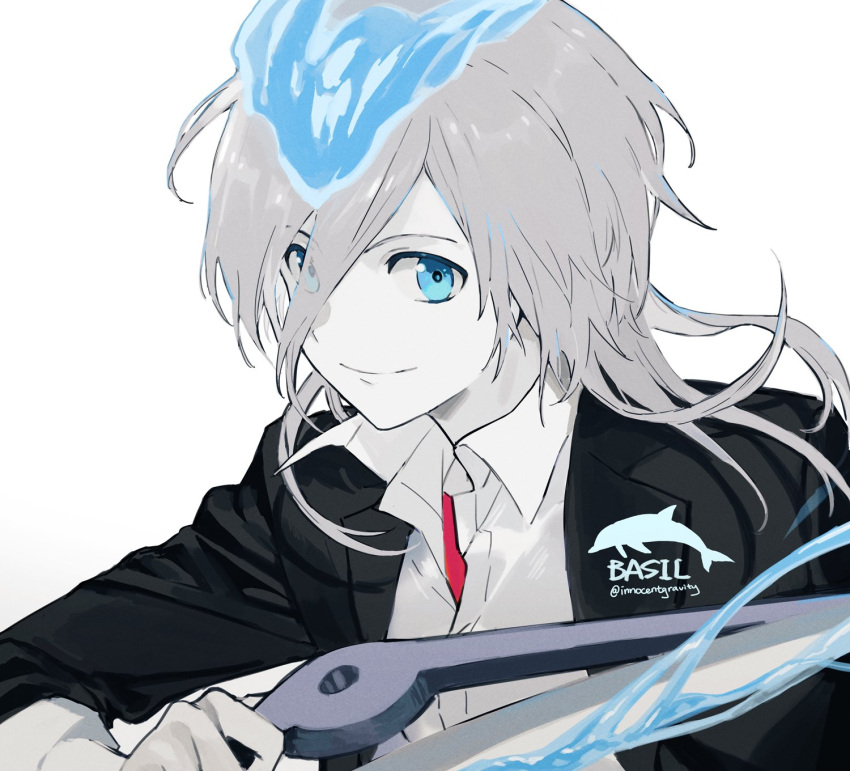 1boy, basil_(katekyo_hitman_reborn!), black_jacket, blue_eyes, blue_fire, cezaria, fire, grey_hair, hair_between_eyes, highres, holding, holding_weapon, jacket, katekyo_hitman_reborn, looking_at_viewer, male_focus, medium_hair, open_collar, red_shirt, sailor_collar, shirt, simple_background, smile, solo, undershirt, upper_body, weapon, white_background, white_shirt