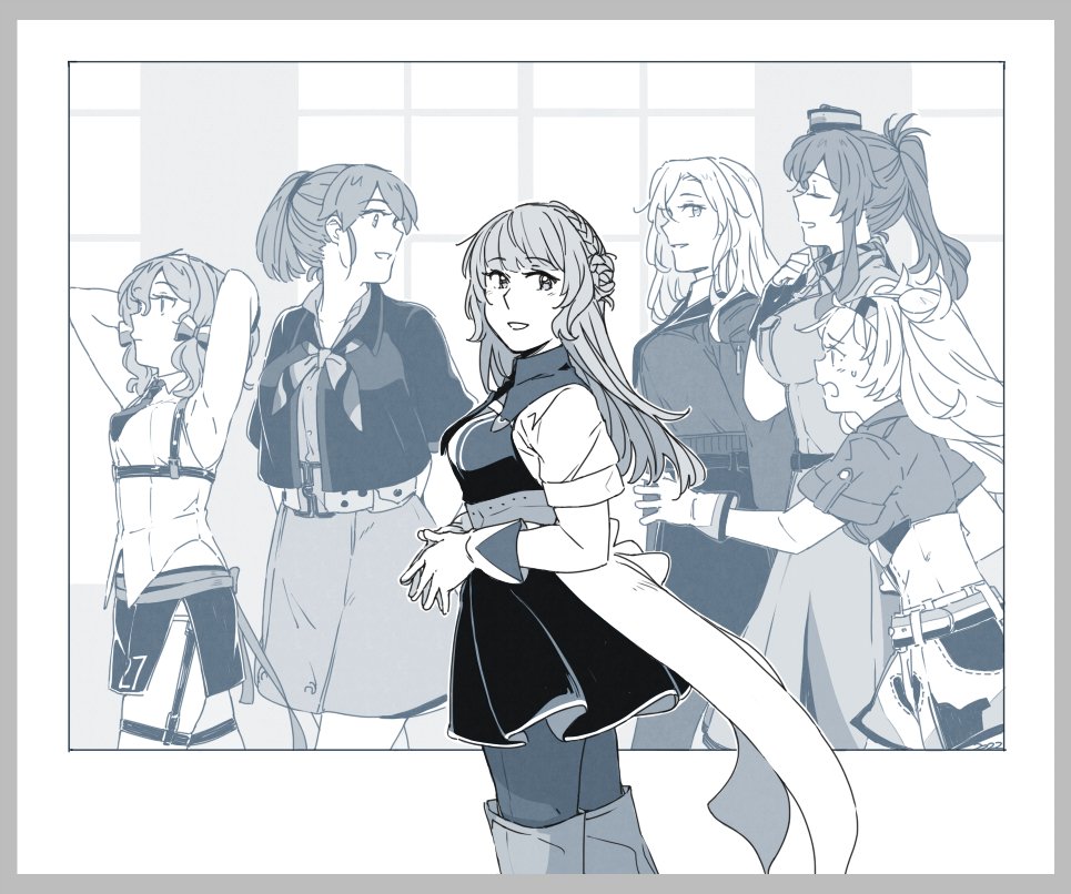 6+girls, commentary_request, cowboy_shot, gambier_bay_(kancolle), gloves, greyscale, hornet_(kancolle), intrepid_(kancolle)