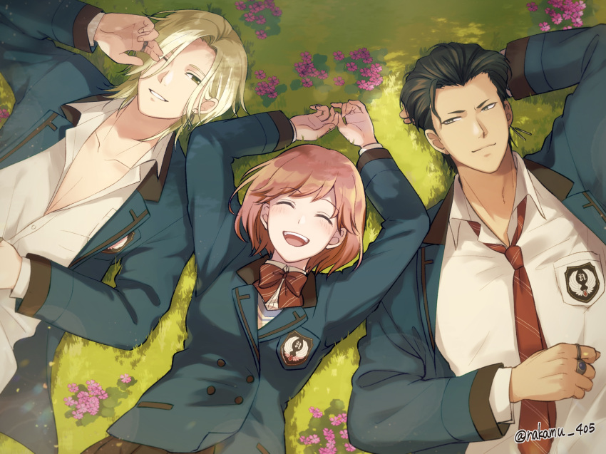 1girl, 2boys, :d, arm_behind_head, arms_up, black_hair, blonde_hair, bow