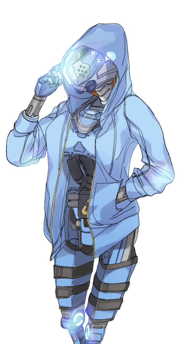 1girl, blue_hoodie, breasts, clothed_robot, hand_in_pocket, highres, hood, hood_up