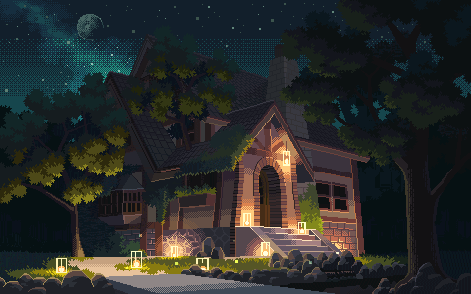 animated, animated_gif, fireflies, lantern, moon, night, night_sky, no_humans