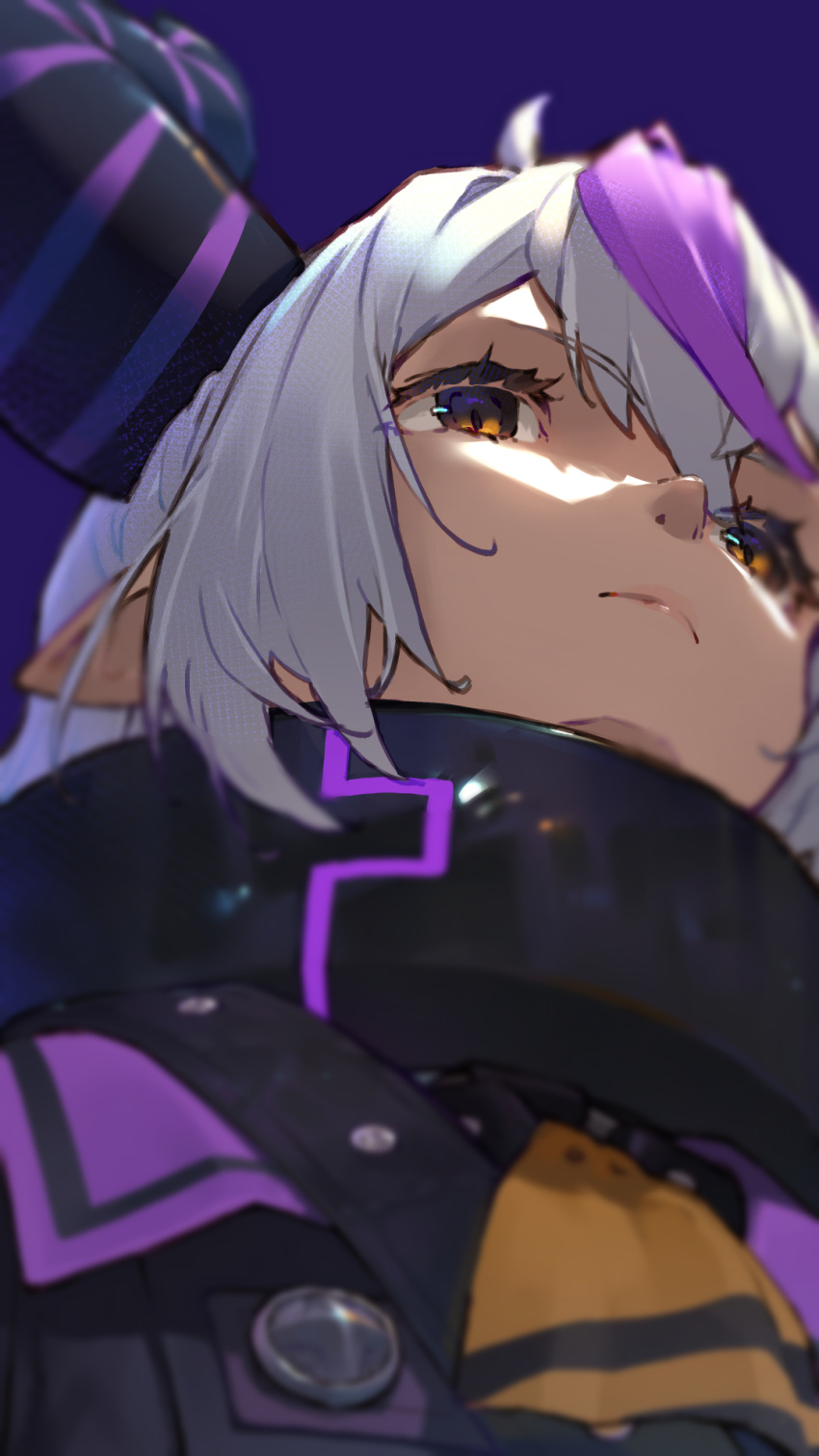 1girl, ascot, closed_mouth, coat, collar, demon_girl, demon_horns, from_below