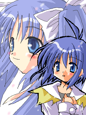 2girls, antenna_hair, blue_eyes, blue_hair, blush, bow, coupytwo, dual_persona, floating_hair, hair_bow, hair_ribbon, hands_on_own_chest, long_hair, long_sleeves, lowres, mikage_sakura, multiple_girls, nin'i-tan, non-web_source, oekaki, pixel_art, ribbon, sakura_(ukagaka), short_hair, simple_background, smile, twintails, ukagaka