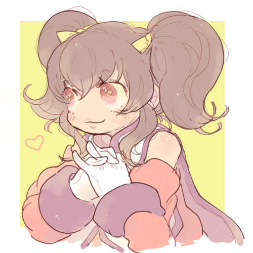 1girl, :3, anise_tatlin, bangs, bare_shoulders, black_hair, closed_mouth, dark-skinned_female, dark_skin, gloves, hair_between_eyes, hair_ribbon, hands_up, heart, interlocked_fingers, katiko, long_hair, long_sleeves, lowres, no_nose, pink_eyes, ribbon, sidelocks, solo, tales_of_(series), tales_of_the_abyss, twintails, white_gloves, yellow_ribbon