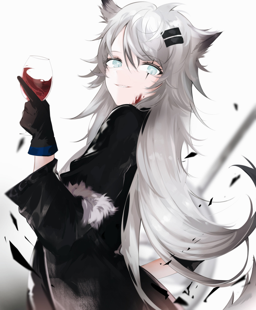1girl, absurdres, animal_ears, arknights, black_coat, blood, blood_on_face, blue_eyes