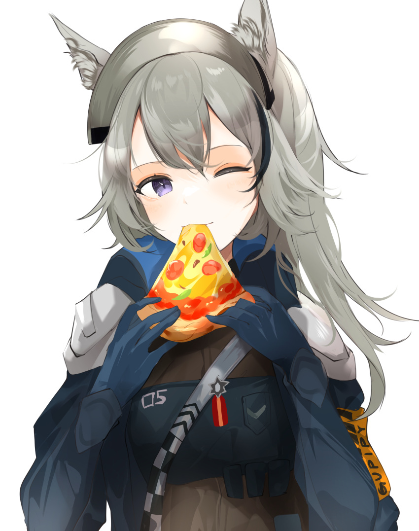 1girl, absurdres, animal_ears, arknights, blue_gloves, breasts, brown_shirt, eating