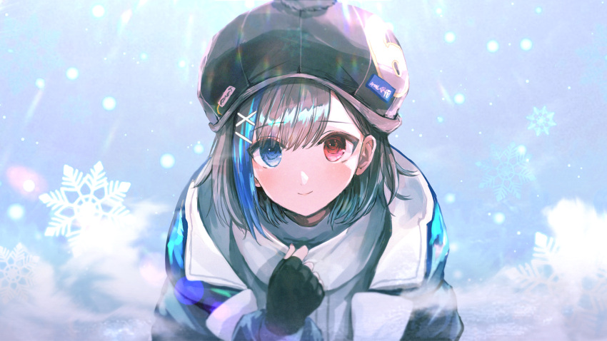1girl, bangs, black_gloves, black_headwear, blue_eyes, blush, closed_mouth, cocoritter_(tower_of_fantasy)