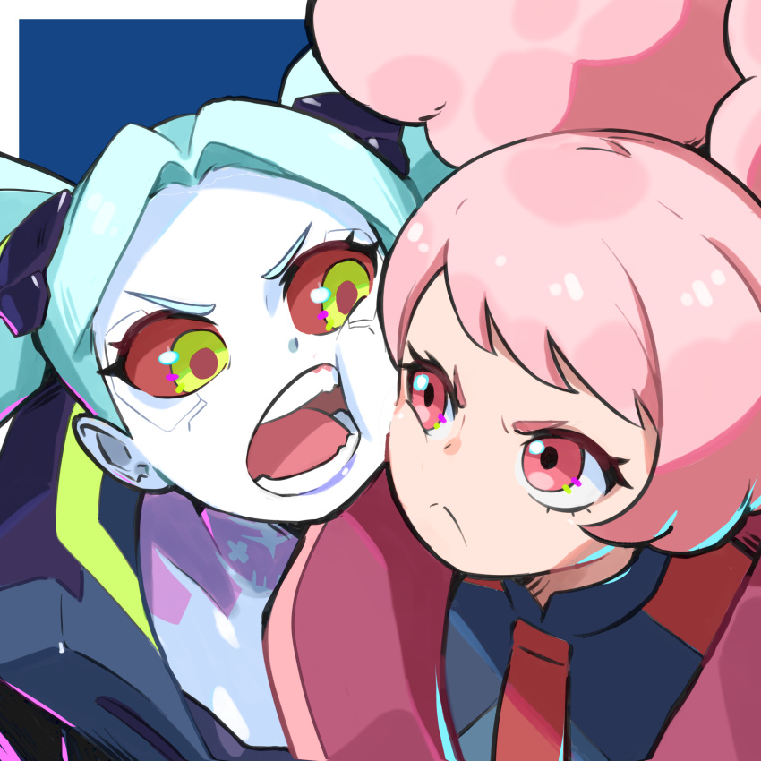2girls, absurdres, afro_puffs, angry, aqua_hair, bangs, blue_background, border, cheek-to-cheek, chuatury_panlunch, closed_mouth, colored_sclera, cyberpunk_(series), cyberpunk_edgerunners, double_bun, english_commentary, gundam, gundam_suisei_no_majo, hair_bun, heads_together, highres, long_hair, looking_at_another, miconomicon, multiple_girls, open_mouth, outside_border, pink_hair, rebecca_(cyberpunk), red_eyes, red_sclera, teeth, twintails, upper_body, v-shaped_eyebrows, white_border, yellow_eyes