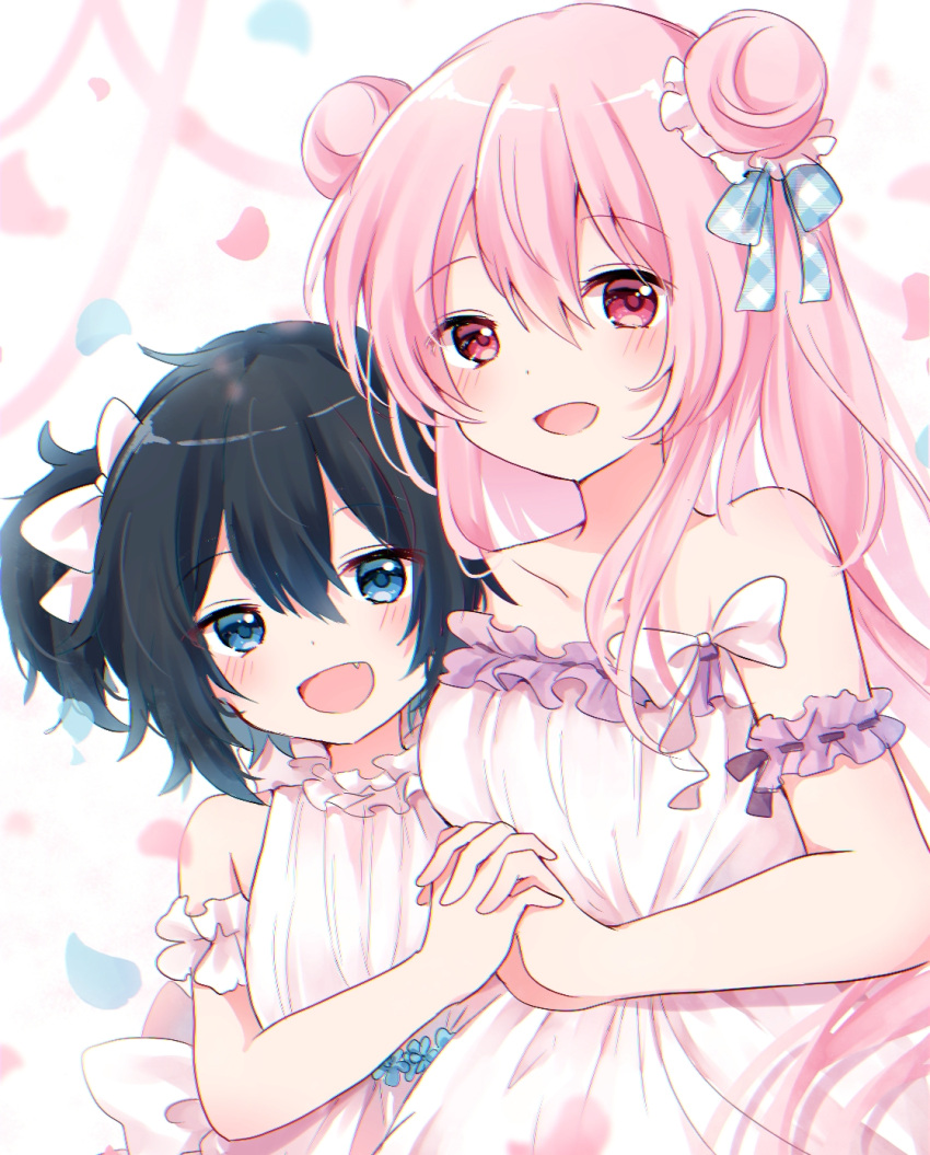 2girls, blue_hair, double_bun, dress, hair_bun, happy_sugar_life, highres, kokoshira_0510