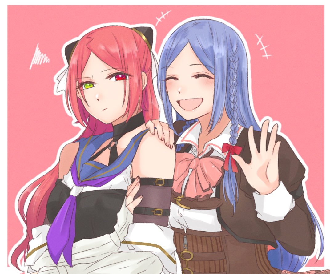 +++, 2girls, :/, :d, ^_^, annoyed, arm_belt, assault_lily