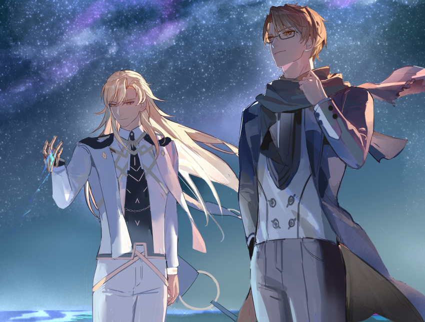 2boys, absurdres, bangs, black_coat, black_pants, blonde_hair, brown_eyes, brown_scarf