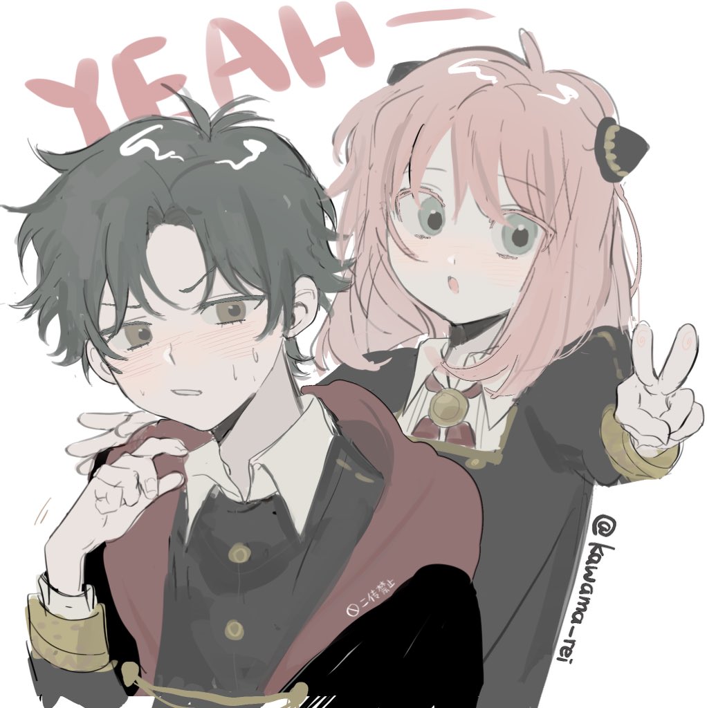 1boy, 1girl, :o, anya_(spy_x_family), bangs, black_hair, blush, cloak