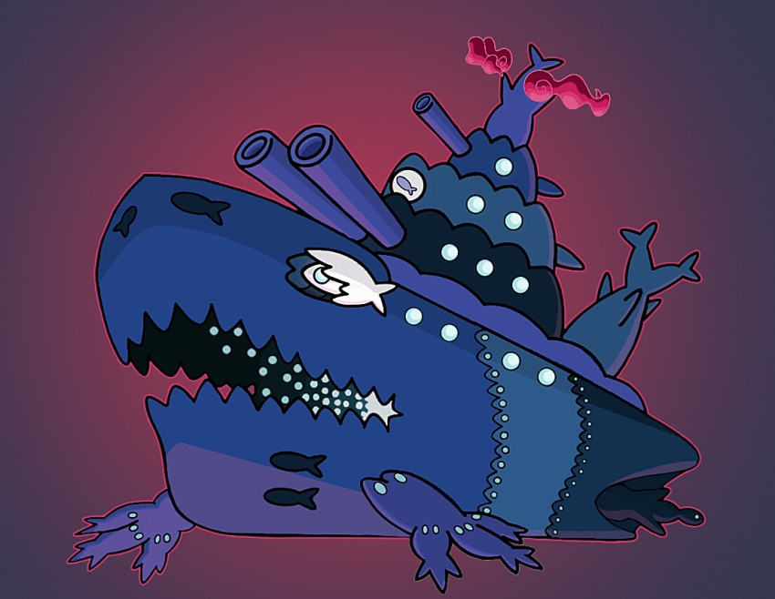 full_body, gigantamax, gigantamax_(other), no_humans, pokemon, pokemon_(creature), revision, simple_background, solo, submarine, watercraft, wishiwashi, wishiwashi_(school), wishiwashisushi