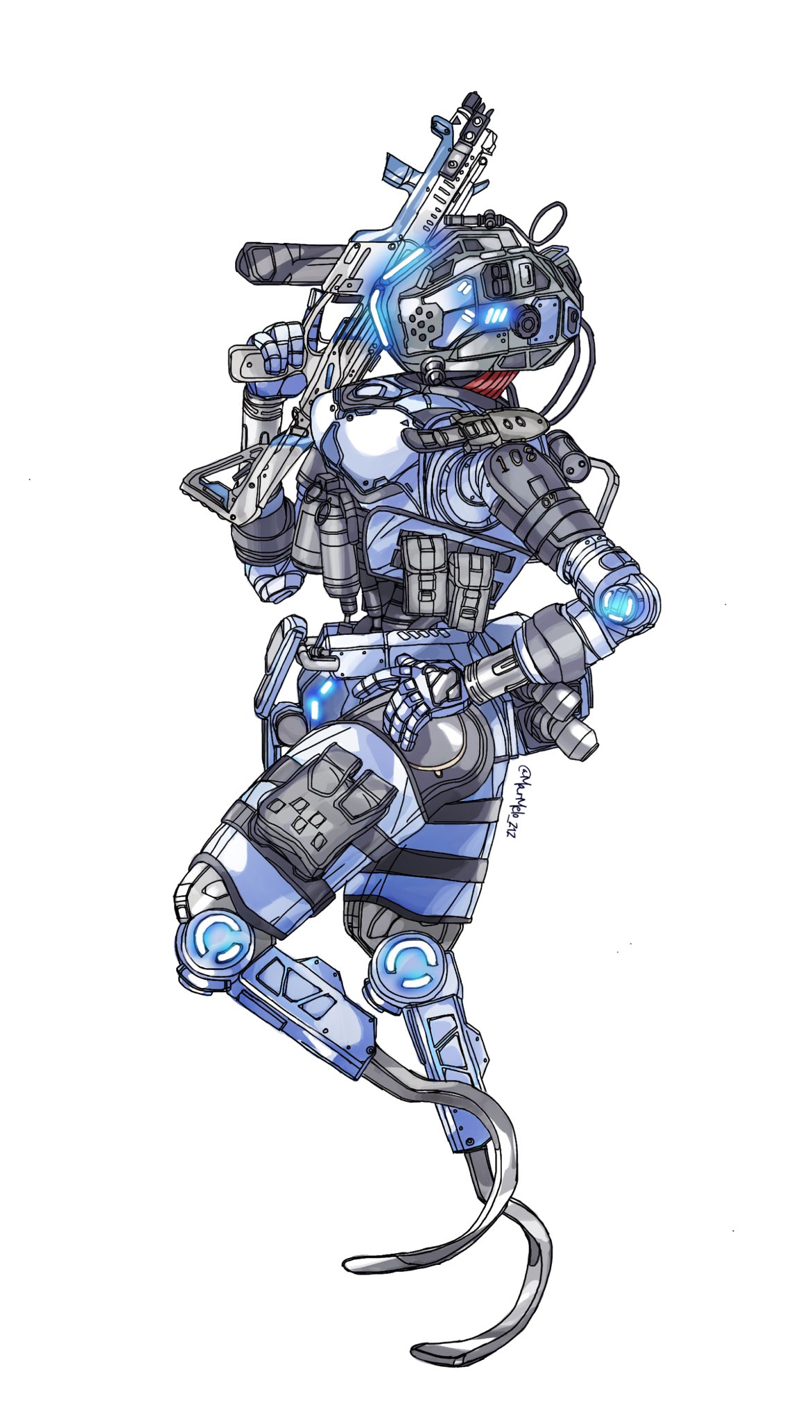 1girl, breasts, cable, from_side, glowing, gun, hand_on_hip, highres