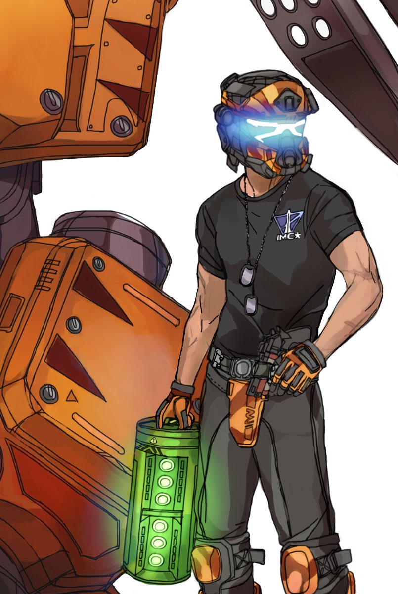 1boy, assault_visor, b3_wingman, battery, belt, black_shirt, gloves, glowing