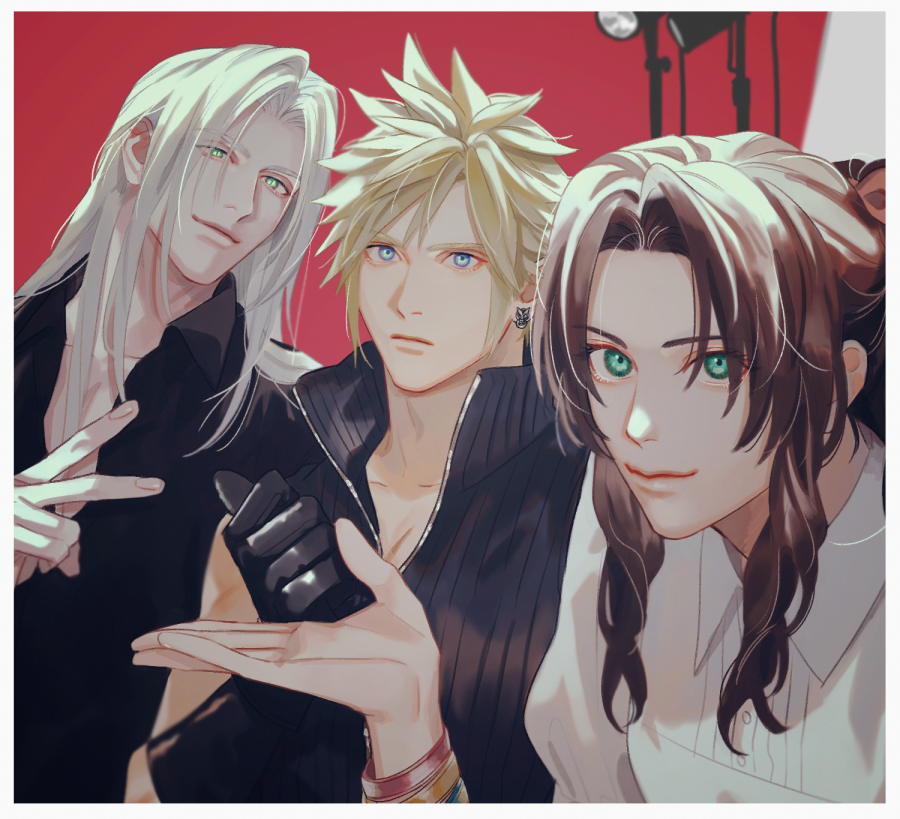1girl, 2boys, aerith_gainsborough, alternate_costume, bangle, bangs, black_gloves, black_shirt, blonde_hair, blue_eyes, boooshow, border, bracelet, brown_hair, cloud_strife, collared_shirt, dress, earrings, final_fantasy, final_fantasy_vii, final_fantasy_vii_advent_children, gloves, green_eyes, grey_hair, grey_shirt, hair_ribbon, high_collar, jewelry, juliet_sleeves, long_bangs, long_hair, long_sleeves, looking_at_viewer, multiple_boys, open_collar, parted_bangs, pink_ribbon, puffy_sleeves, red_background, ribbon, sephiroth, shirt, sidelocks, single_earring, slit_pupils, smile, spiky_hair, upper_body, v, wavy_hair, white_dress
