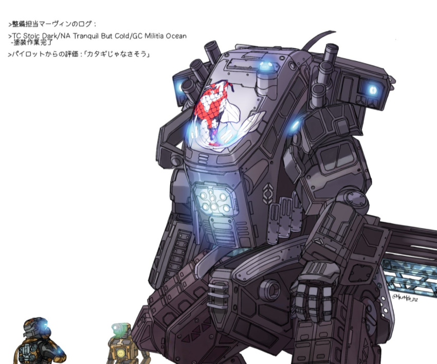 1boy, assault_visor, blue_eyes, extra_eyes, grapple_pilot_(titanfall_2), green_eyes, gun, hand_on_own_thigh