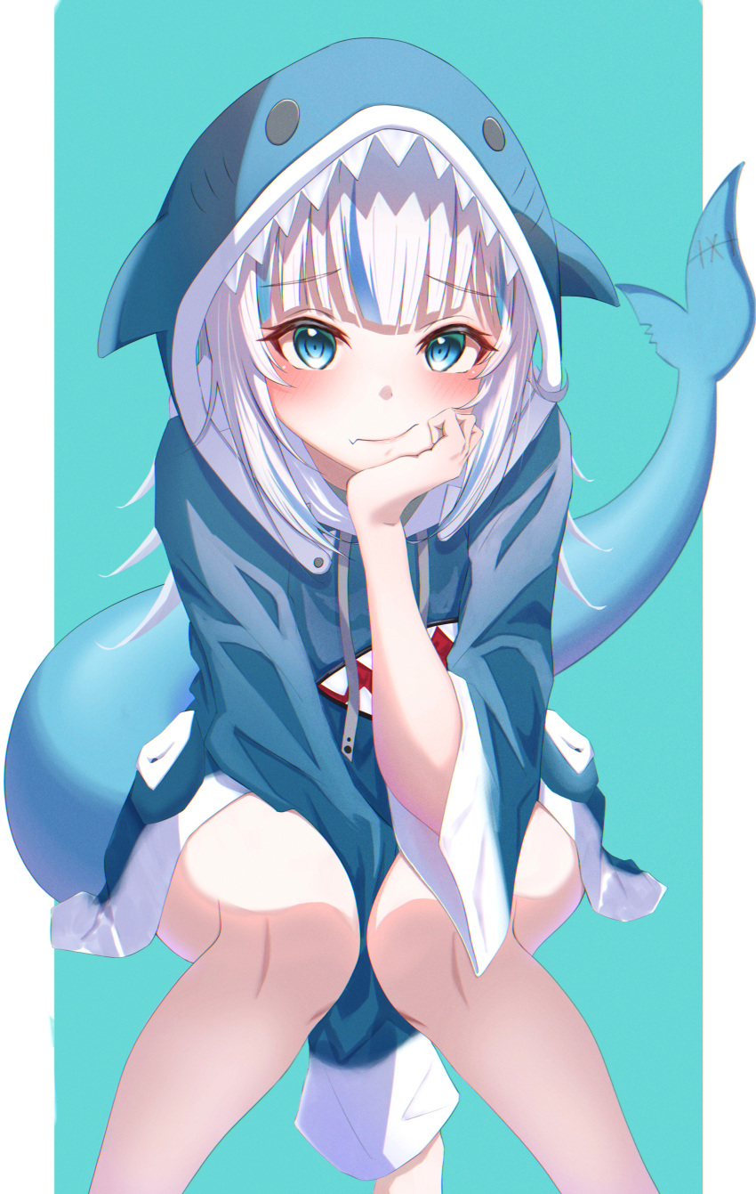 1girl, absurdres, animal_costume, animal_hood, arm_between_legs, bangs, blue_eyes, blue_hair