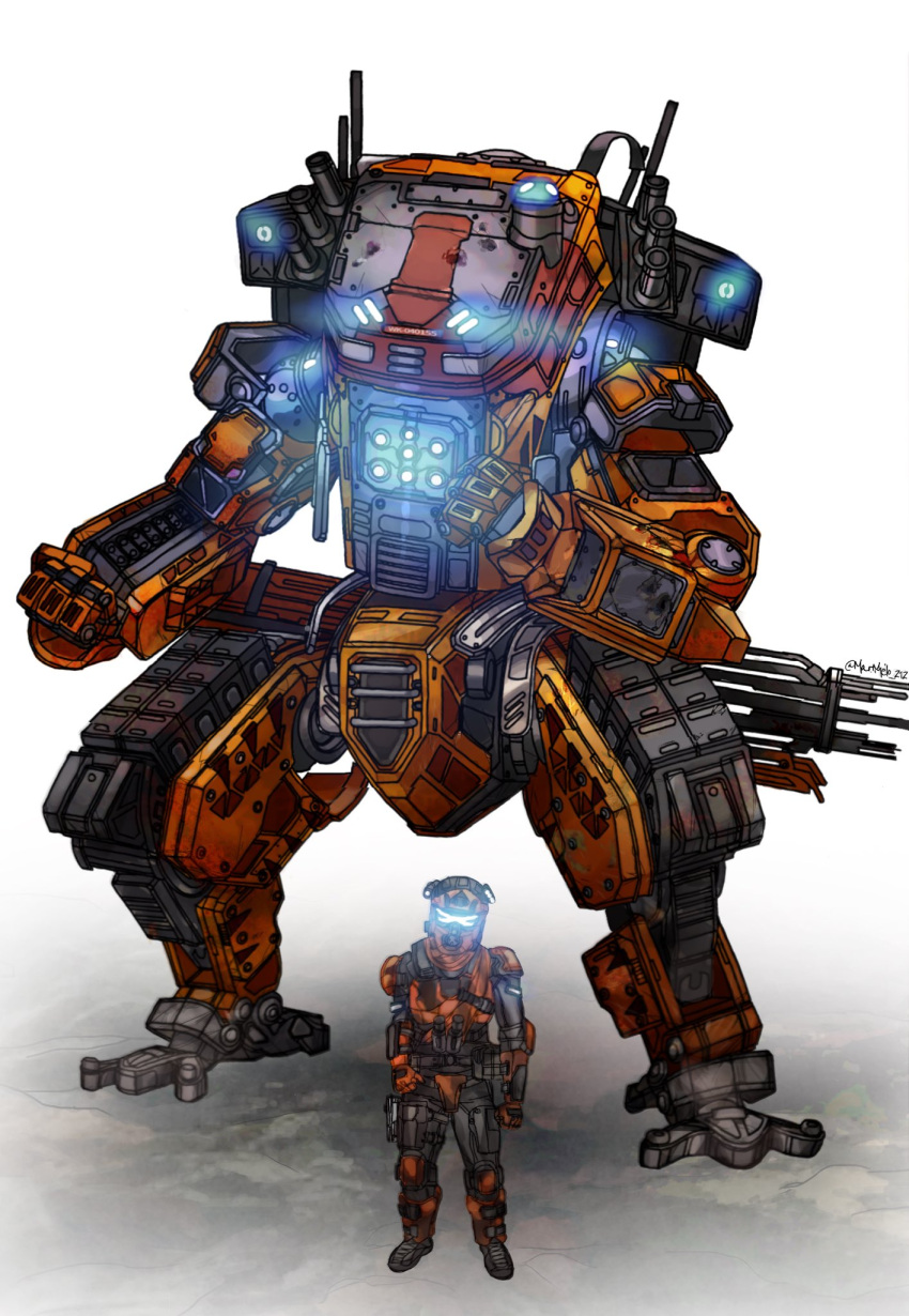 1boy, assault_visor, black_footwear, blue_eyes, boots, cannon, clenched_hands, extra_eyes