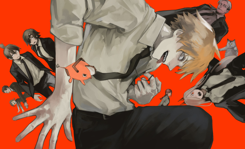 4boys, 4girls, black_hair, black_necktie, black_pants, blonde_hair, cat, chainsaw_man