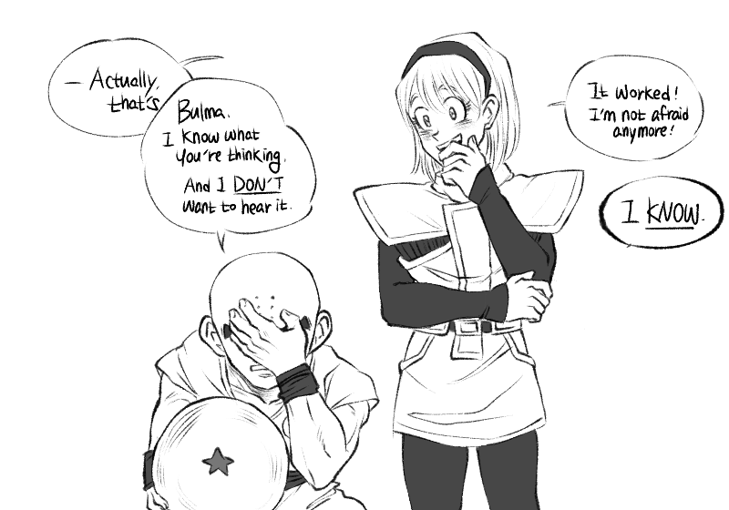 1boy, 1girl, bald, ball, bulma, covering_mouth, dragon_ball, dragon_ball_(object)