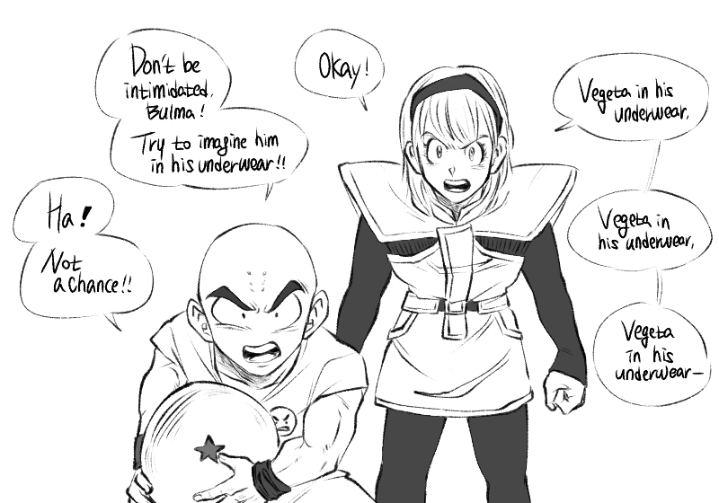 1boy, 1girl, bald, ball, bulma, clenched_hands, dragon_ball, dragon_ball_(object)