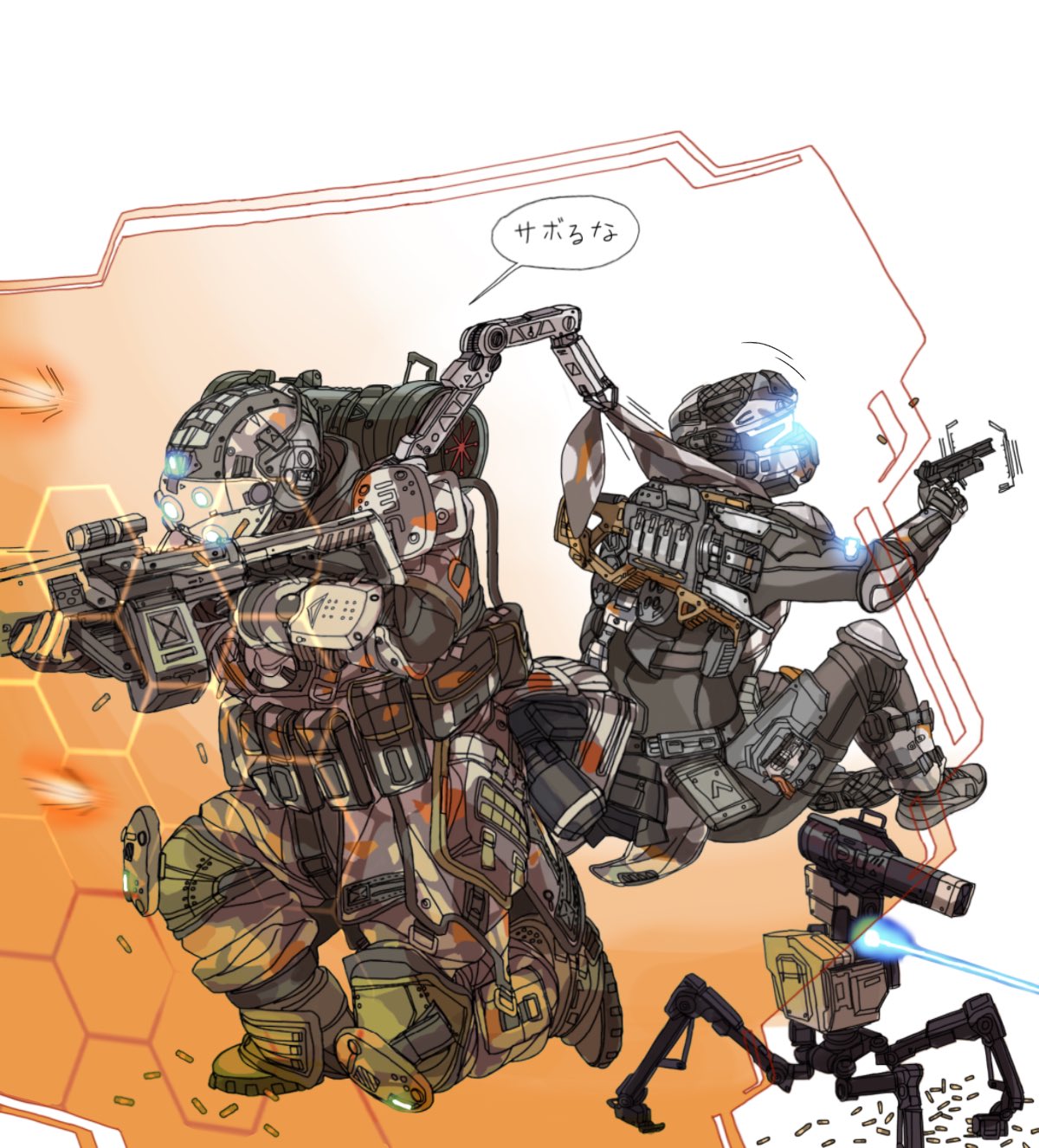 2boys, a-wall_pilot_(titanfall_2), b3_wingman_elite, bodysuit, camouflage_bodysuit, camouflage_scarf, charge_rifle, energy_barrier, energy_gun, extra_arms, firing, glowing, grapple_pilot_(titanfall_2), grey_bodysuit, gun, handgun, helmet, highres, holding, holding_gun, holding_weapon, knee_pads, kotone_a, light_machine_gun, multiple_boys, pilot_(titanfall_2), reloading, revolver, science_fiction, speech_bubble, titanfall_(series), titanfall_2, translated, turret, weapon, weapon_on_back, x-55_devotion