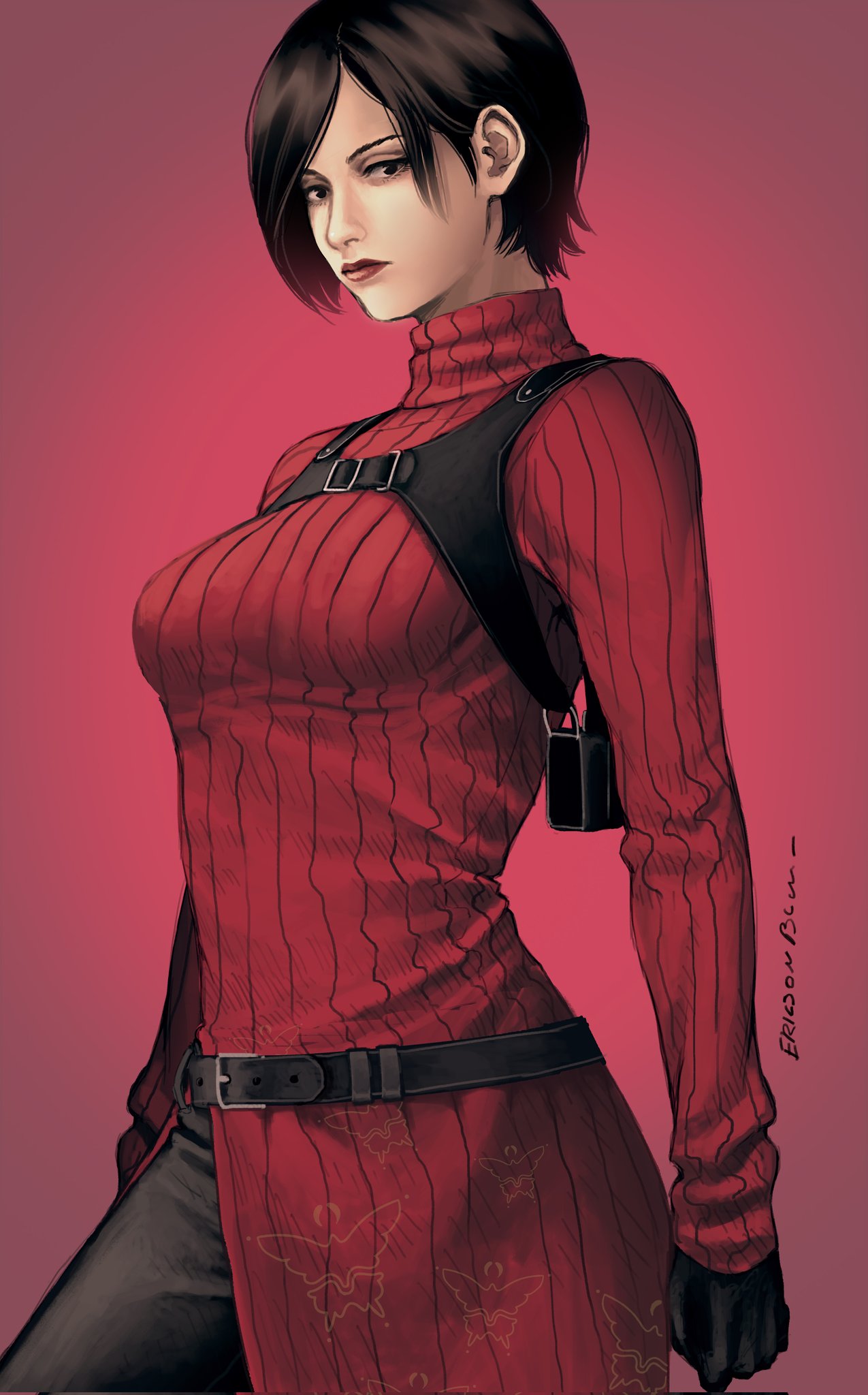 1girl, ada_wong, artist_name, belt, belt_buckle, black_belt, black_eyes, black_gloves