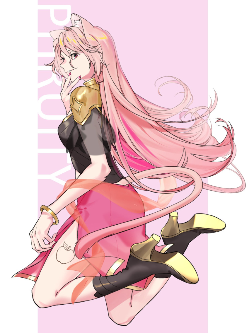 1girl, animal_ears, apple, bangle, black_footwear, black_shirt, boots, bracelet, cat_ears, cat_girl, cat_tail, character_name, crop_top, food, from_behind, fruit, full_body, hair_between_eyes, hand_to_own_mouth, high_heel_boots, high_heels, highres, holostars, jewelry, juu_(45_jujut), leg_tattoo, legs_up, long_hair, looking_at_viewer, looking_back, orange_shawl, parted_lips, phruity, pillarboxed, pink_background, pink_eyes, pink_hair, pink_nails, pink_skirt, see-through, see-through_shawl, see-through_sleeves, shawl, shirt, short_sleeves, side_slit, simple_background, skirt, smile, solo, tail, tattoo